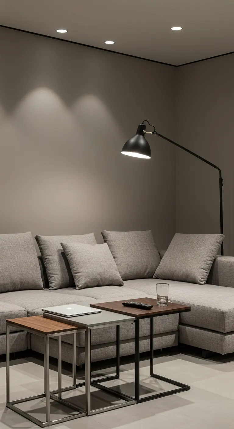 Nesting bijzettafels met metalen frames en verschillende houten bladen.