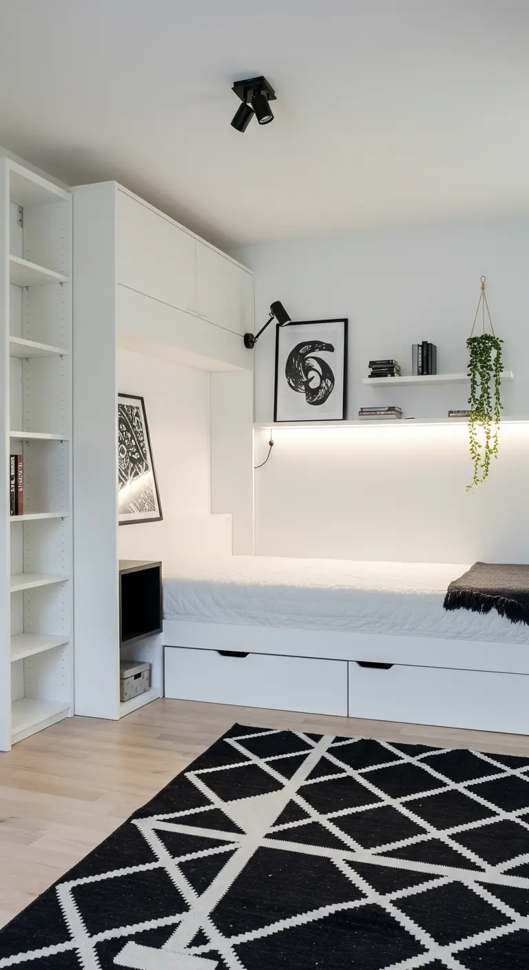 Compacte slaapkamer met wit ingebouwd bed, opbergruimte en zwart-wit grafisch kleed.