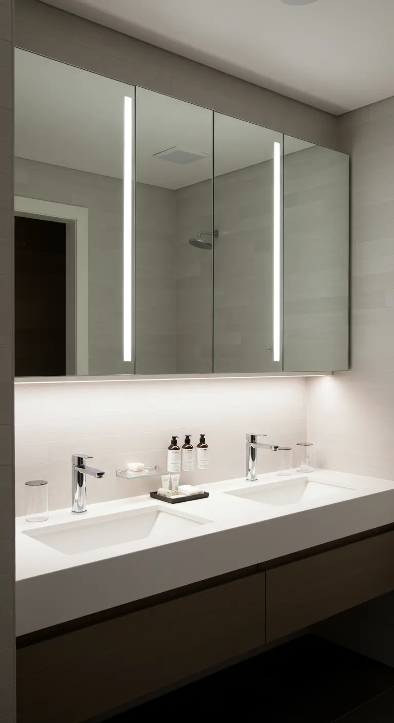 Brede spiegelkast met drie deuren en geïntegreerde LED-verlichting.