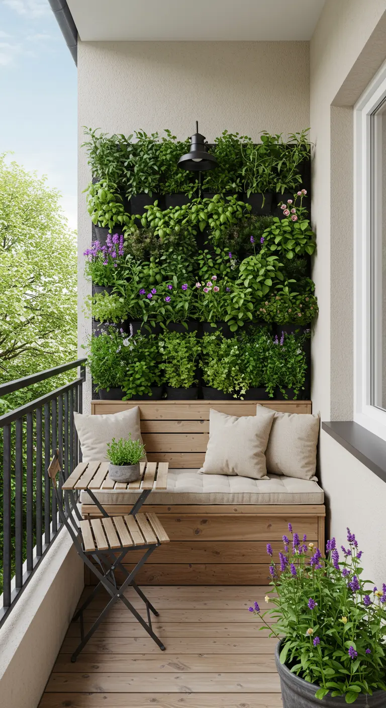 Balkon met ingebouwde houten bank en een verticale tuin met zwarte plantenbakken vol groen.