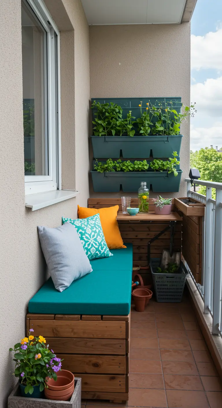Houten bank met opbergruimte en turquoise kussens, verticale plantenbakken aan de muur.