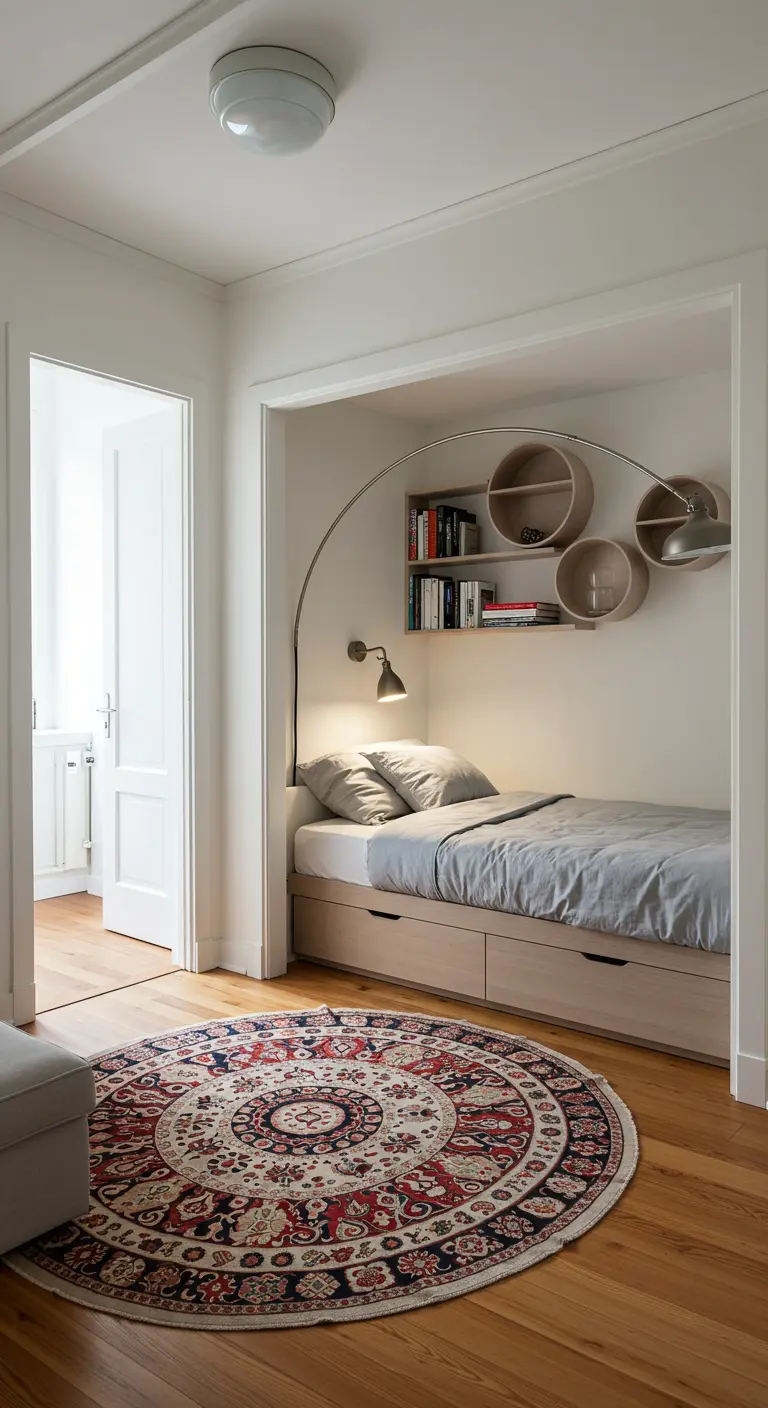 Bed in een nis met rond vloerkleed en ronde wandplanken/lamp.