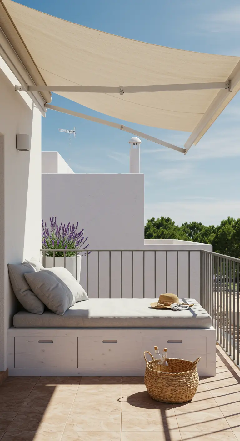 Wit houten daybed met opberglades op zonnig balkon met lavendel.
