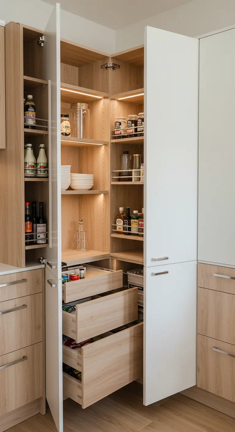 Moderne hoekvoorraadkast met open deur, uittrekbare lades en verlichte planken.