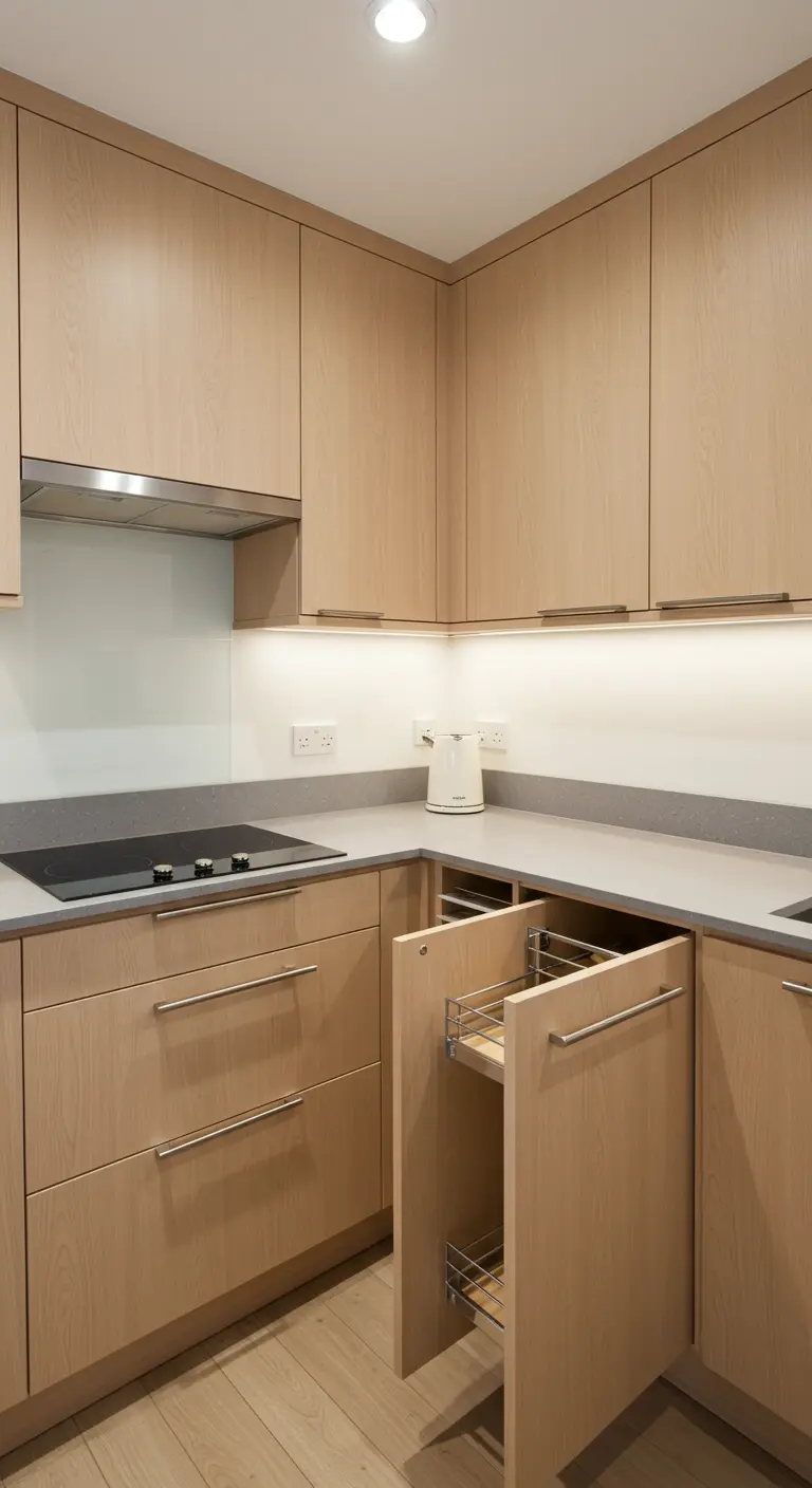 Licht houten keuken met een slimme uittrekbare hoekkast-oplossing.