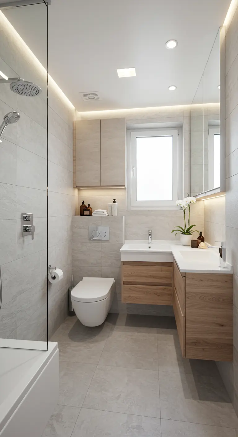 Lichte badkamer met houten hoekmeubel, grote spiegel en glazen douchewand.