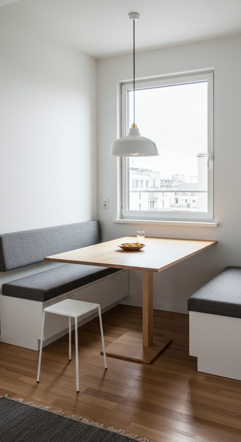 Compacte eethoek met ingebouwde bank, houten tafel en witte kruk.