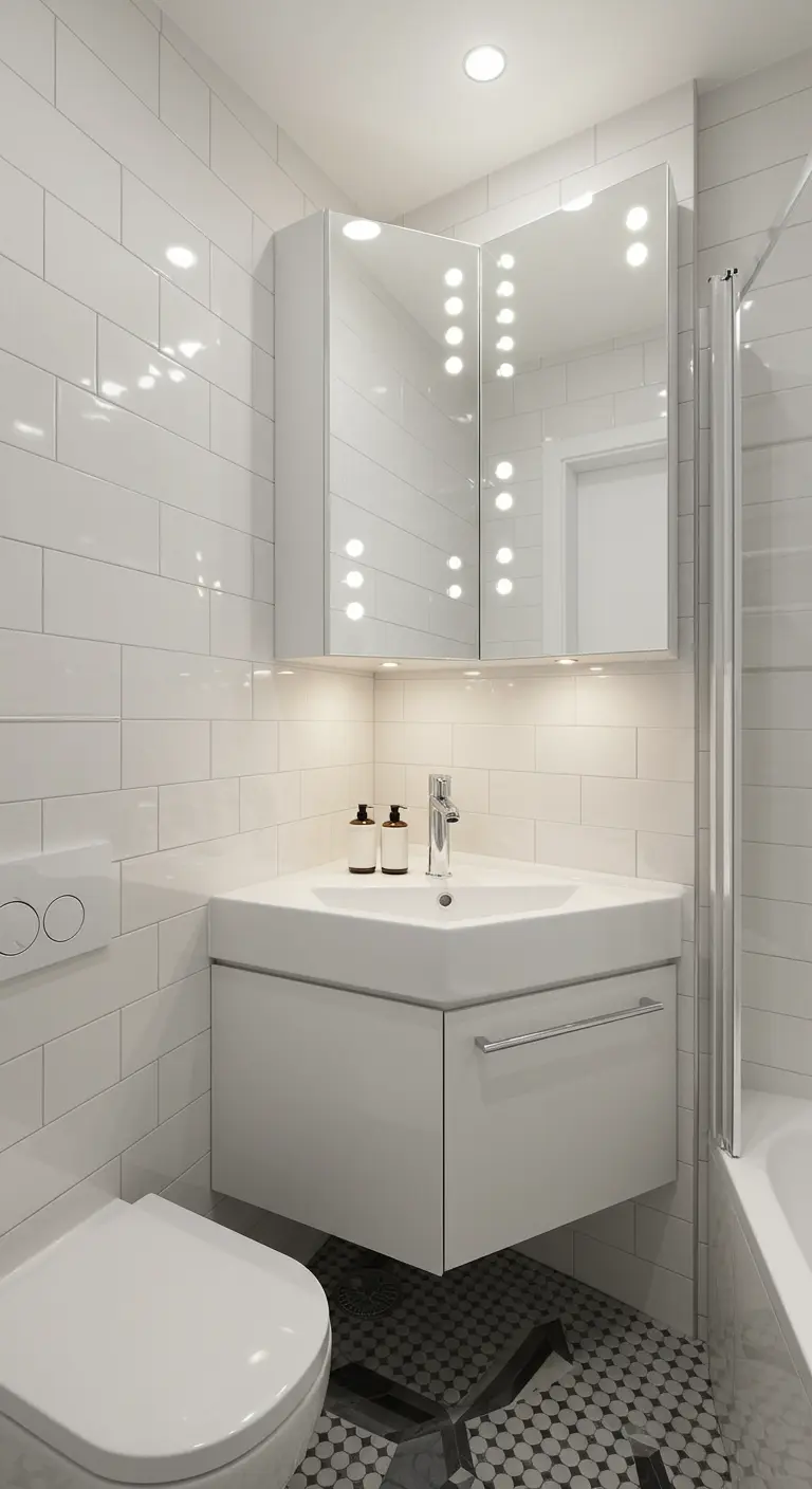 Compacte witte hoekwastafel met bijpassende spiegelkast in een kleine badkamer met witte tegels.
