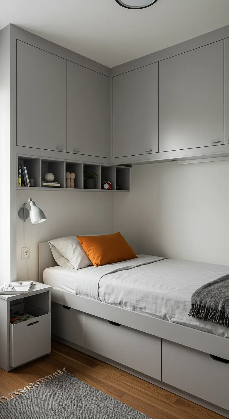 Compacte slaapkamer met grijze opbergkasten boven het bed, passend onder een schuin dak.