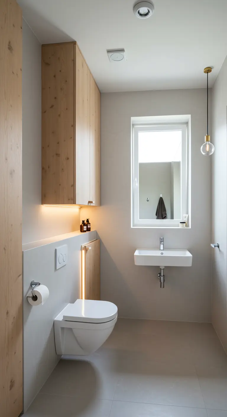 Smalle badkamer met hoge houten kasten en indirecte verlichting.