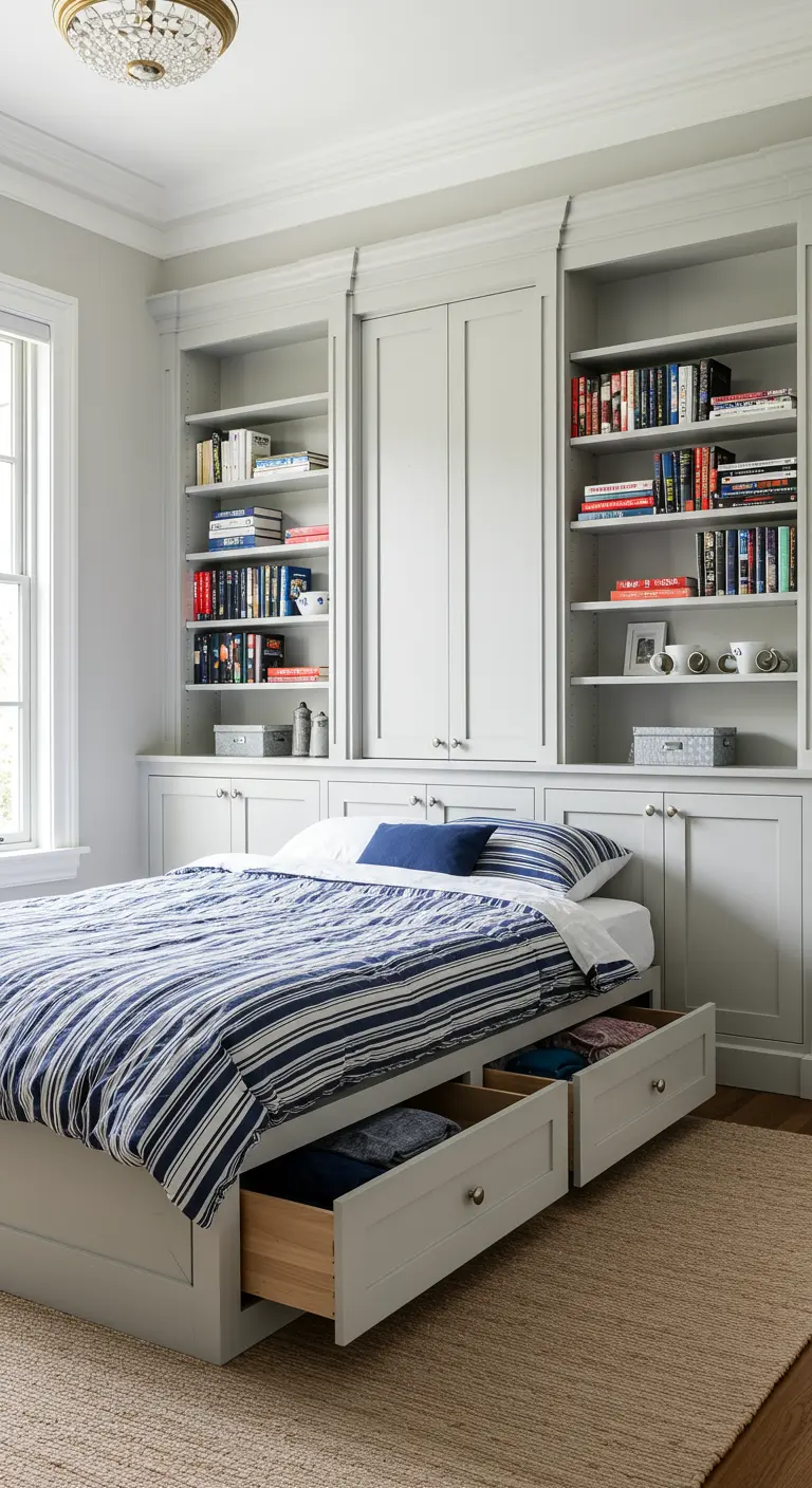 Slaapkamer met ingebouwde kastenwand rond het bed en lades onder het bed.