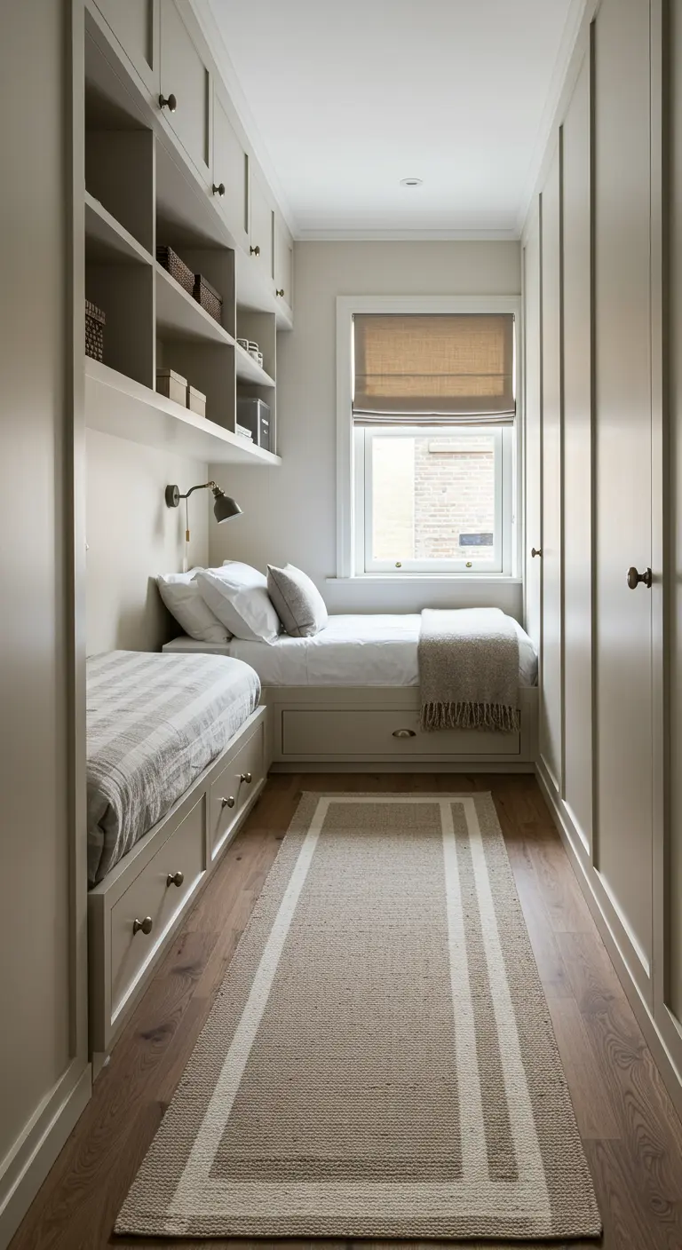 Smalle slaapkamer met twee bedden en een beige loper met witte strepen.