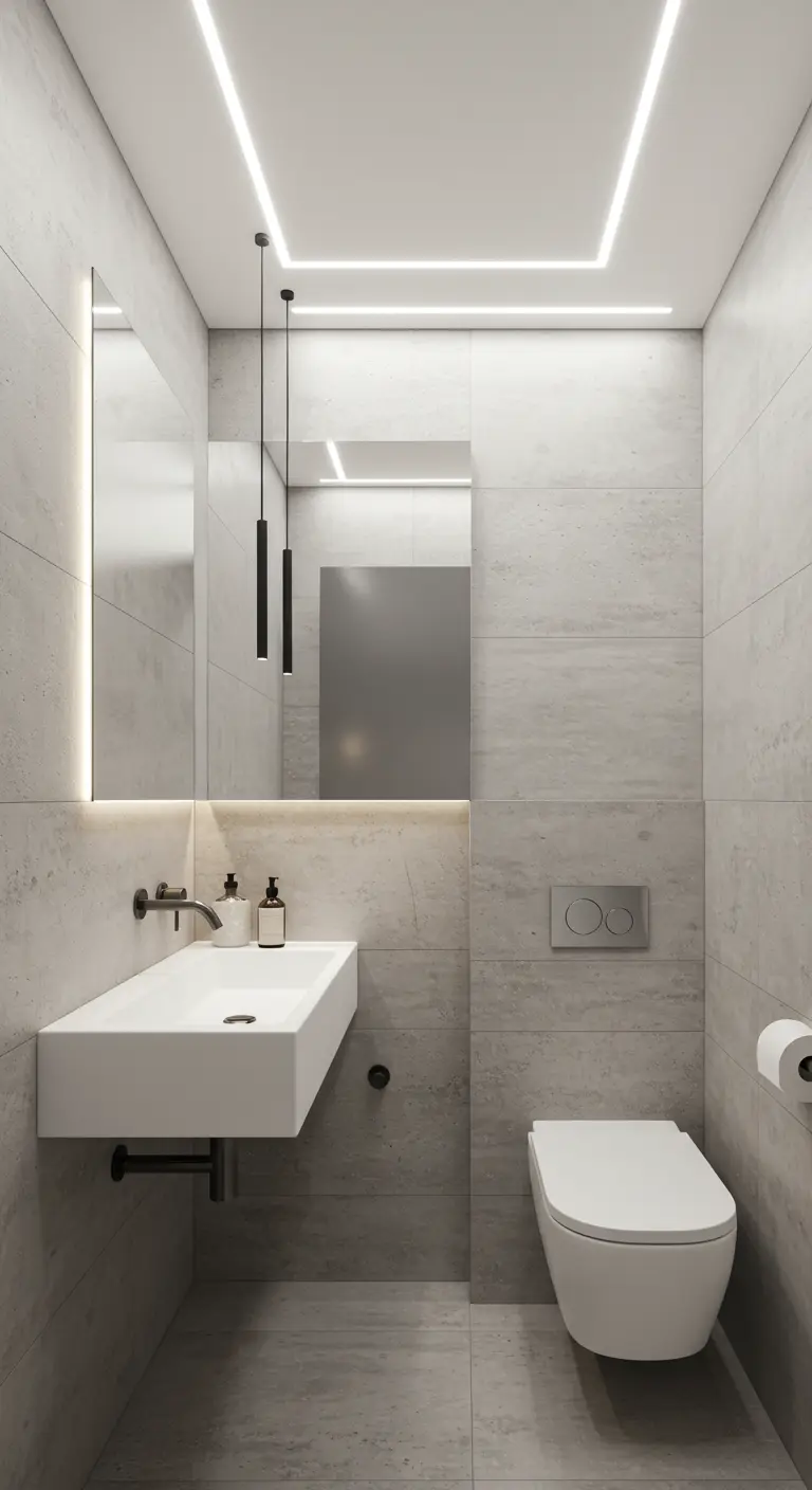 Compacte moderne badkamer met grijze tegels, lineaire plafondverlichting en twee zwarte minimalistische pendellampen.