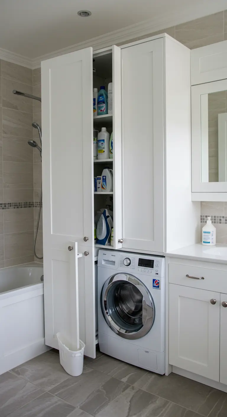 Wasmachine in hoge witte kast met een smalle opbergdeur ernaast voor wasmiddel.