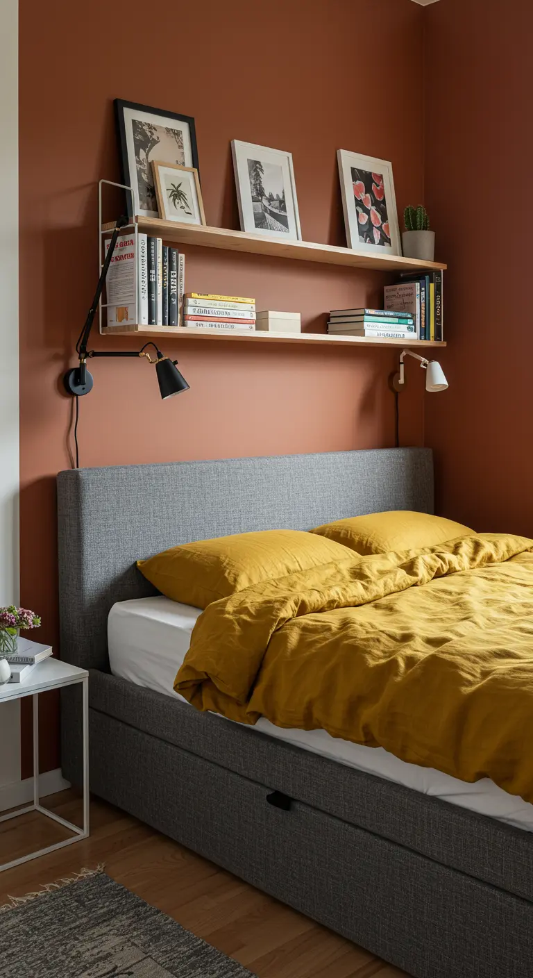 Grijs gestoffeerd bed met opberglades en een wandplank erboven, okergele dekens.