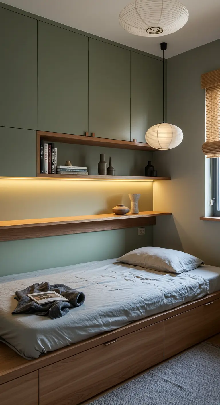 Kleine Japandi slaapkamer met laag bed met lades, groene muren en ingebouwde planken.