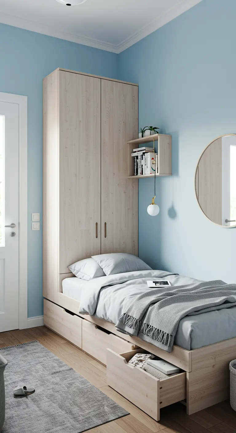 Compacte slaapkamer met bed met opberglades en hoge kast naast het bed.