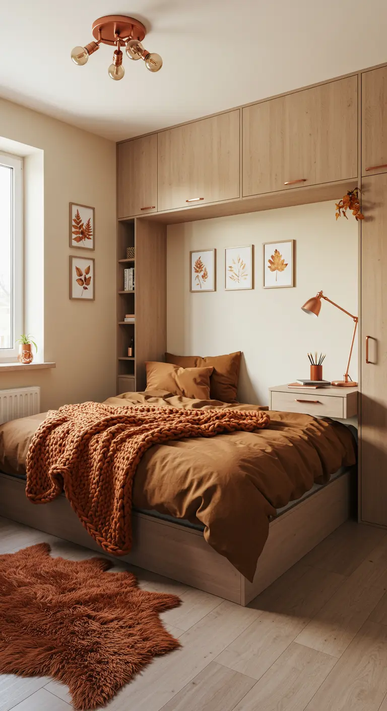 Compacte slaapkamer met ingebouwde kasten, oranje beddengoed, herfstblad prints en pluizig kleed.