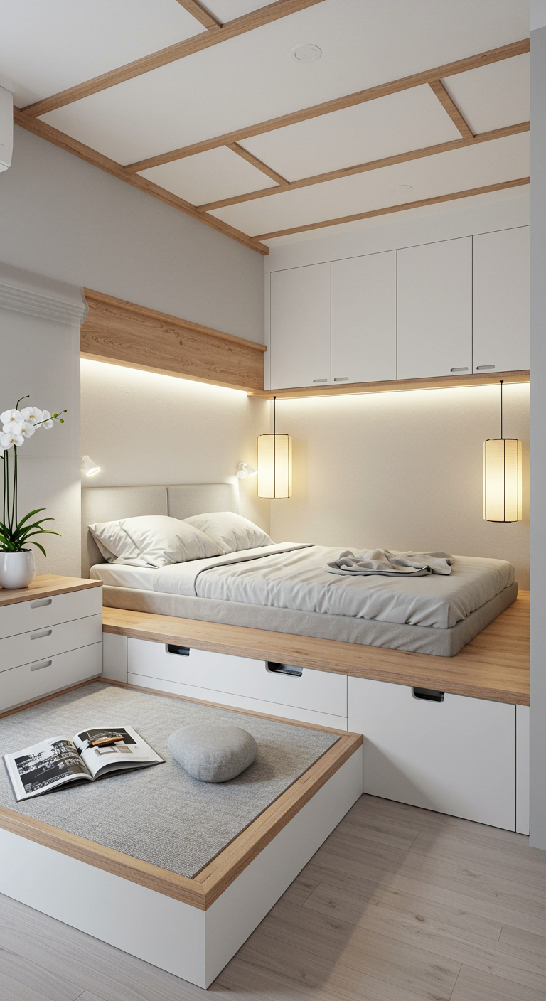 Moderne slaapkamer met wit platformbed met veel ingebouwde lades en kasten, en houten accenten.