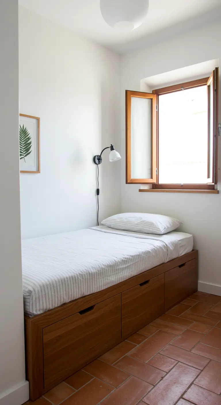 Kleine slaapkamer met eenpersoonsbed met lades, terracotta vloer en eenvoudige decoratie.