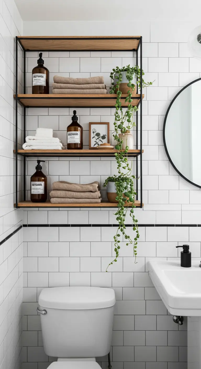 Badkamer met witte metrotegels en open houten planken met planten boven het toilet.