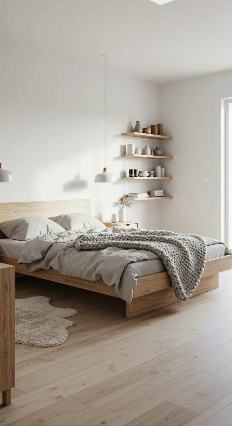 Lichte Japandi slaapkamer met houten bed, wandplanken en grijs textiel.