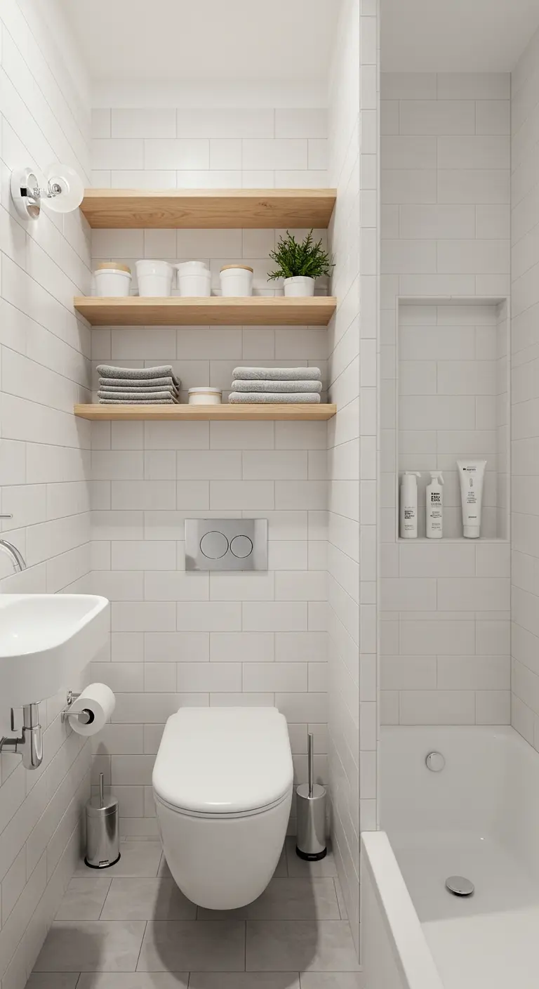 Compacte witte badkamer met houten zwevende planken en nis in de douche.