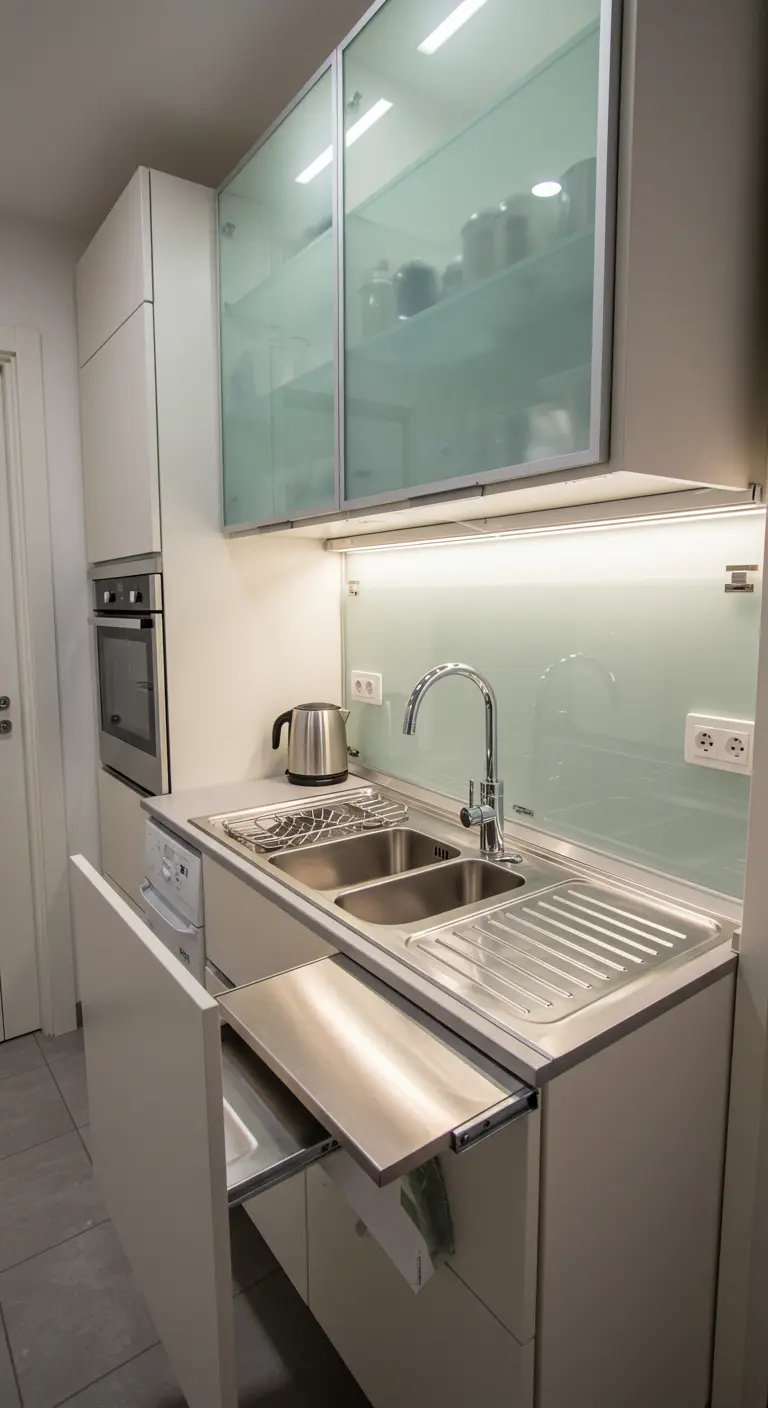 Compacte keuken met RVS spoelbak, afdruiprek en uitschuifbaar werkblad.