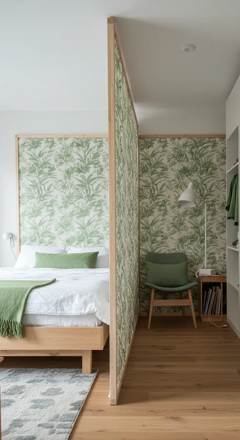 Slaapkamer met een houten roomdivider bekleed met groen botanisch behang.