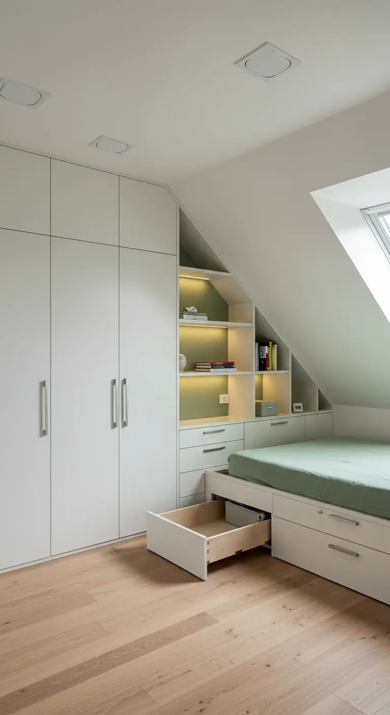 Zolderslaapkamer met witte maatwerkkasten onder schuin dak en bed met lades.