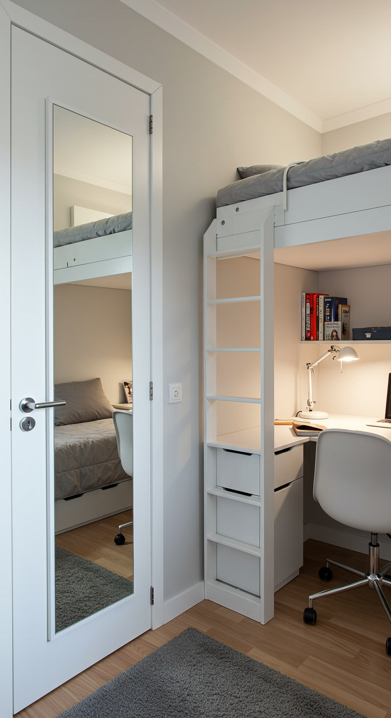 Passpiegel op de deur in een compacte slaapkamer met stapelbed.