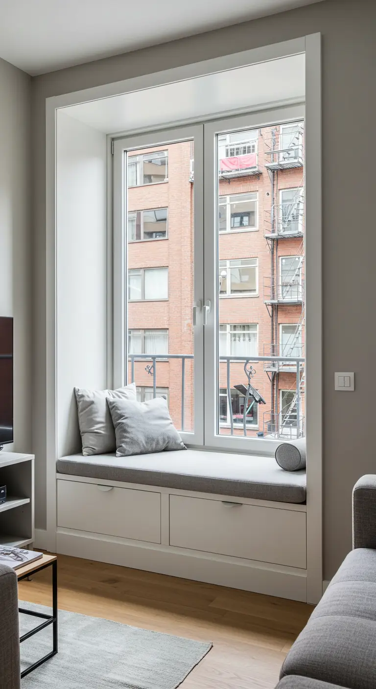 Ingebouwde zitbank met grijze kussens en lades in compact stadsappartement.