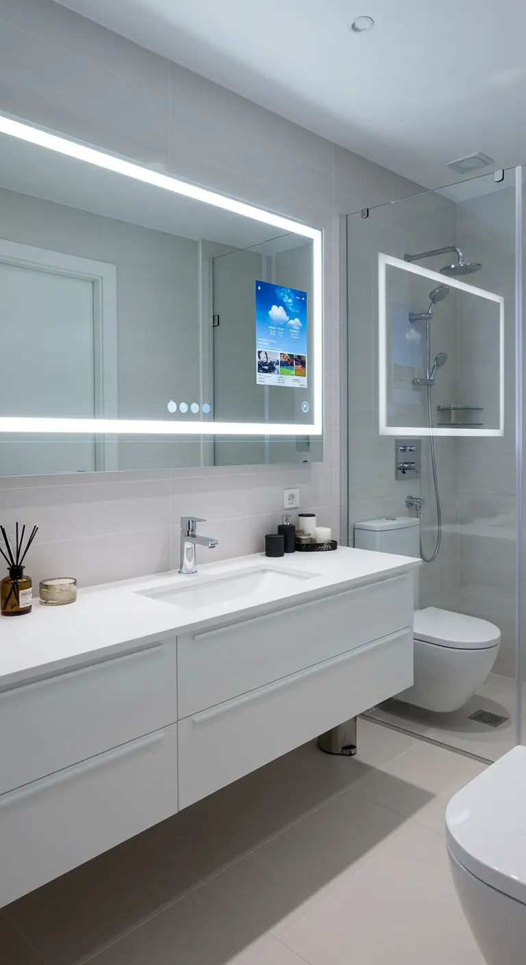 Moderne badkamer met een smart mirror die informatie toont en verlichting heeft.