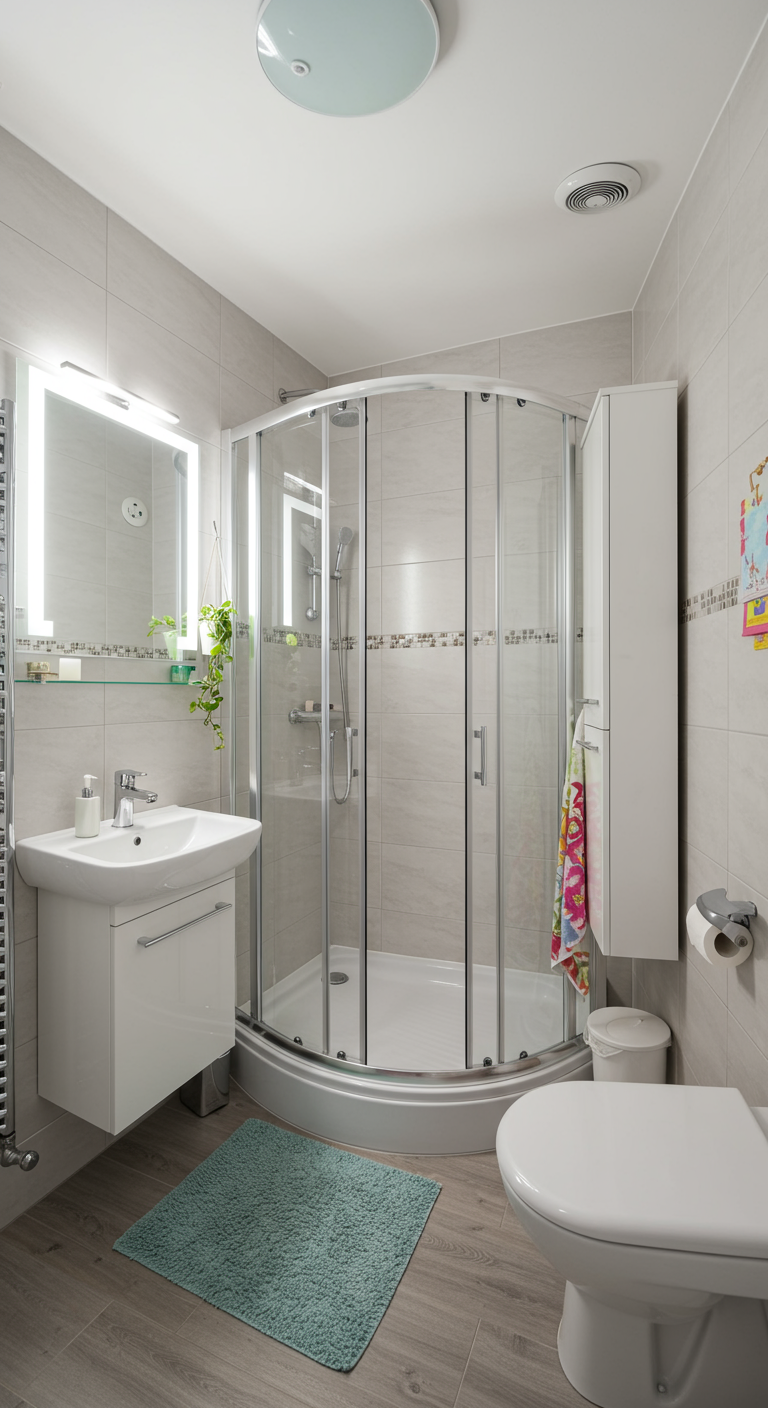 Compacte badkamer met hoekdouche, spiegel met verlichting en turquoise badmat.