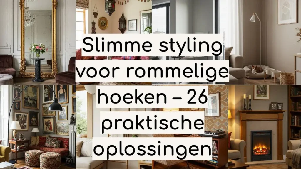 Diverse hoeken slim gestyled: open haard, kunst aan de muur, gouden spiegel en een hond in mand.