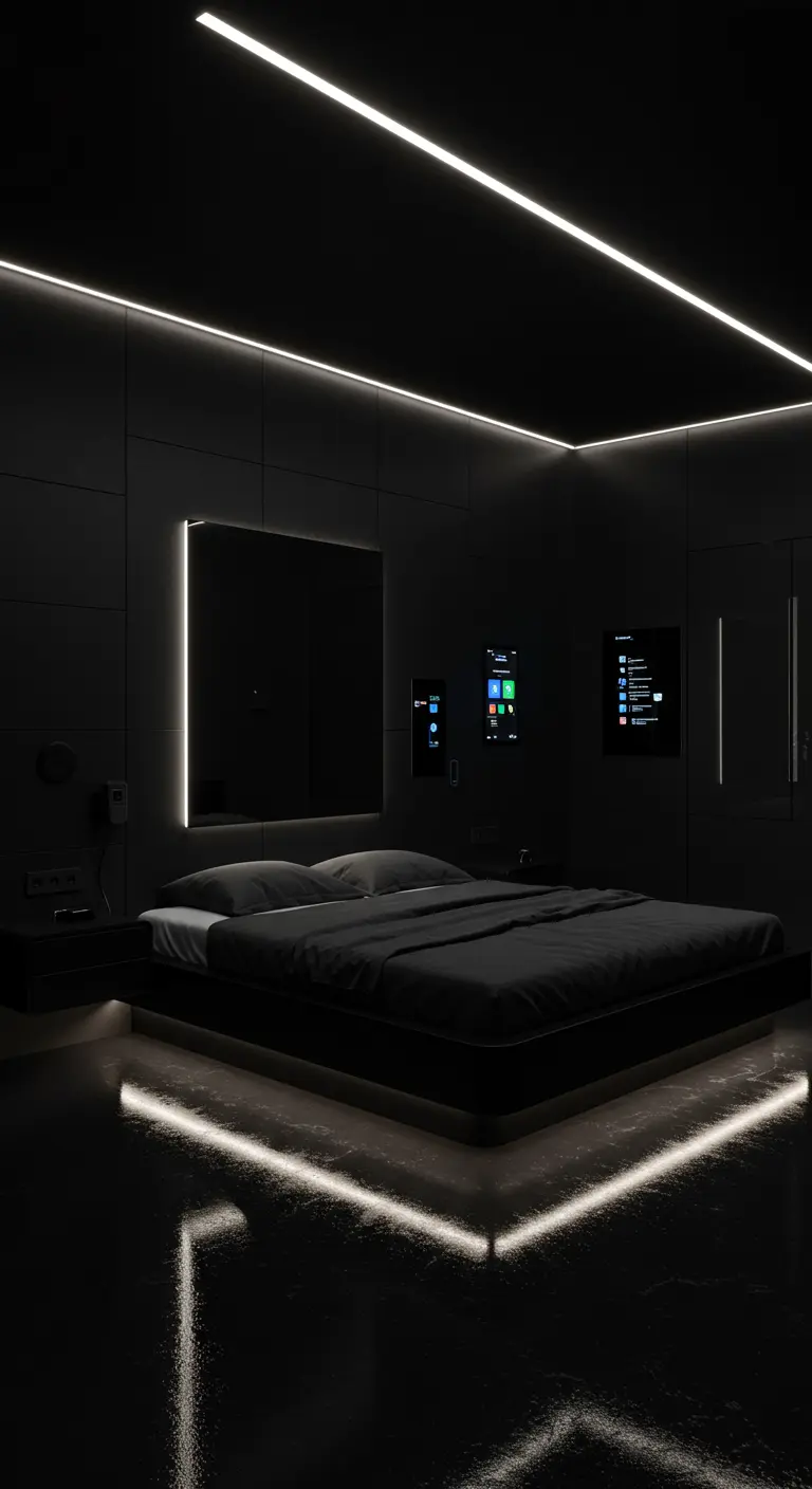 Zwarte, futuristische slaapkamer met geïntegreerde verlichting, glanzende muren en slimme schermen.