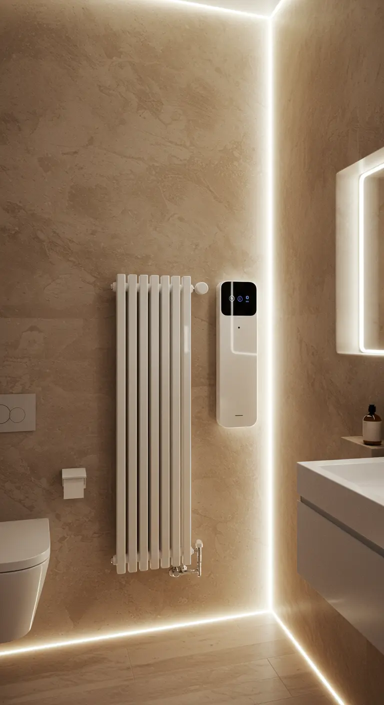 Witte, platte verticale radiator naast een smart home bedieningspaneel, met sfeervolle LED-strips in de badkamer.