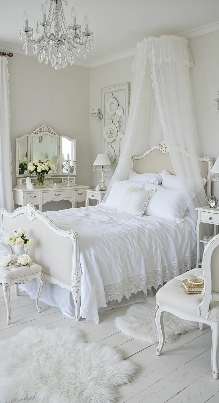 Witte romantische slaapkamer met kanten hemel boven het bed en brocante meubels.