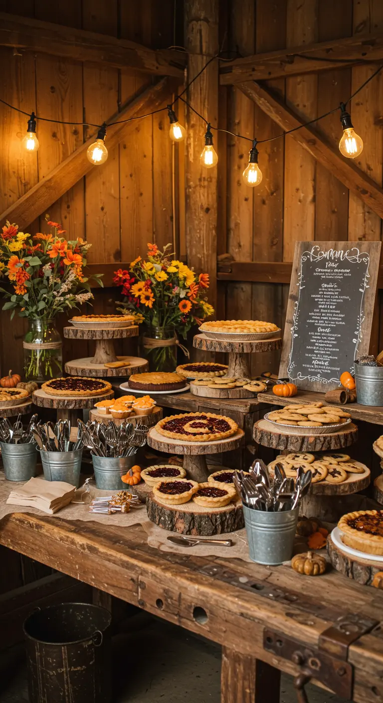 Rustiek taartbuffet met taarten op houten schijven en sfeerverlichting.