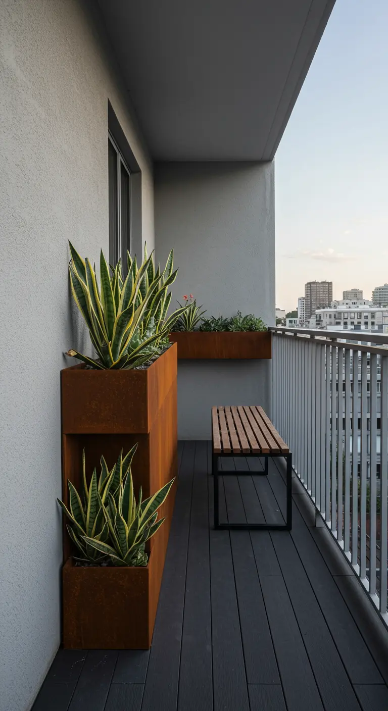 Smal balkon met gestapelde cortenstalen plantenbakken met Sansevieria en een houten bankje.