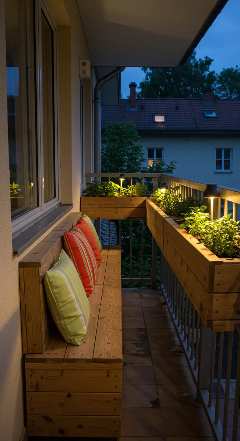 Smal balkon met een lange houten bank en plantenbakken aan de reling.