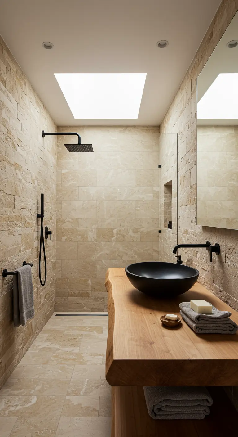 Smalle badkamer met natuurstenen muren, zwarte douche en waskom, houten blad.