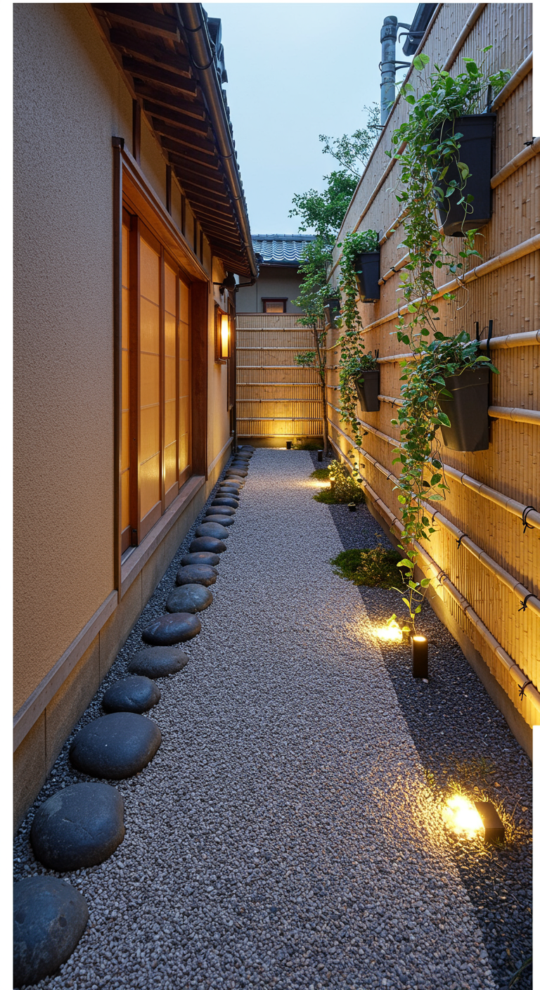 Smal tuinpad met grind, stapstenen, bamboeschutting, wandplanten en tuinverlichting.