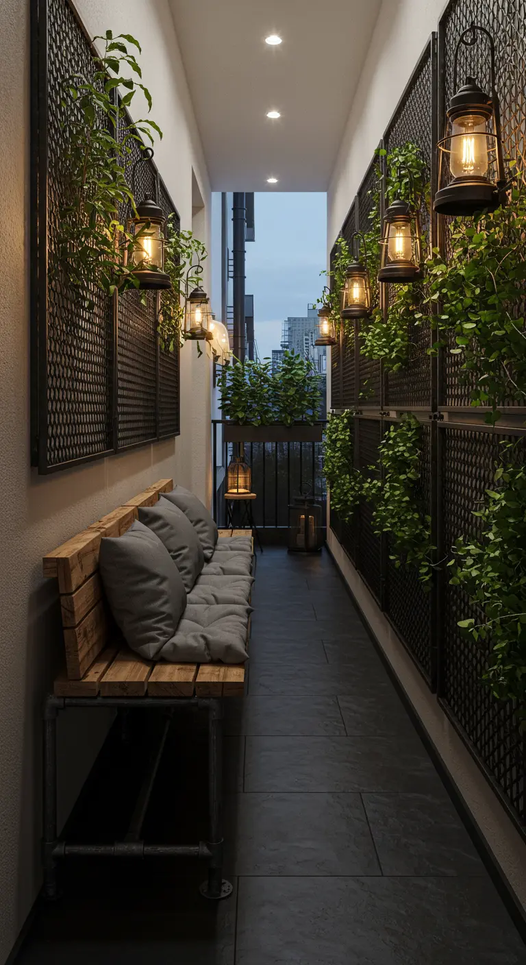 Smal industrieel balkon met metalen gaaspanelen, houten bank en lantaarns.