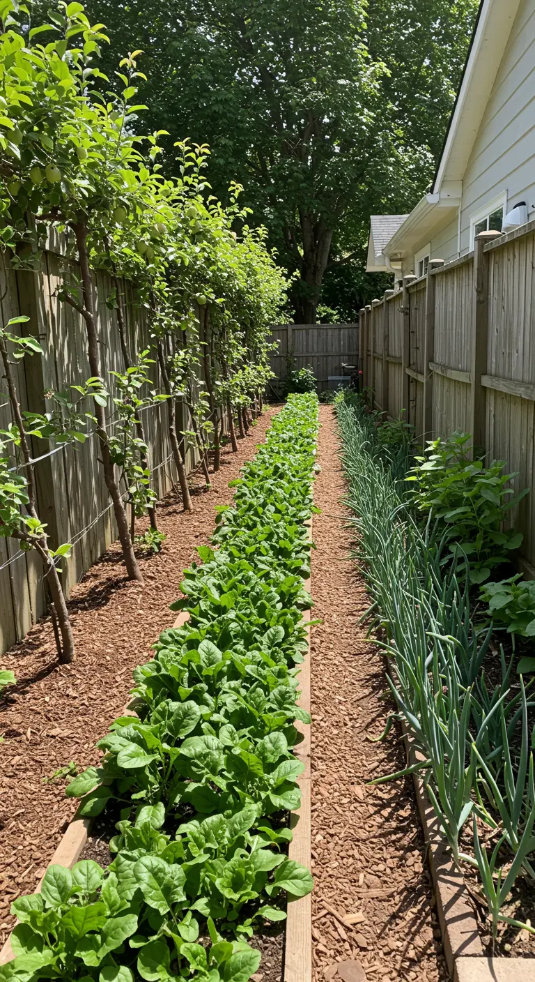 Lange, smalle moestuinbedden langs een schutting, gevuld met rijen spinazie en uien.