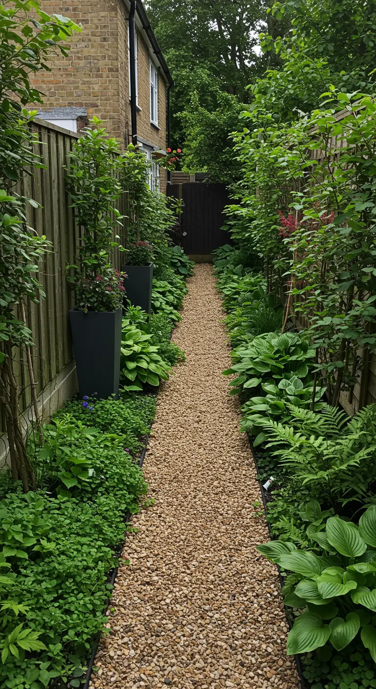 Smal tuinpad met grind, geflankeerd door weelderige Hosta's en andere groene bladplanten.