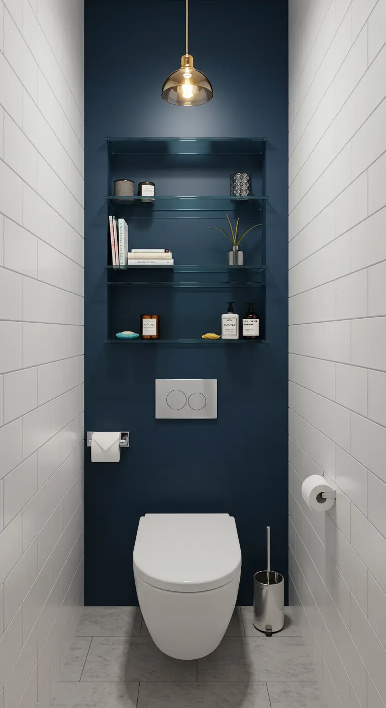 Compact toilet met diepblauwe accentmuur, glazen zwevende planken en hanglamp.
