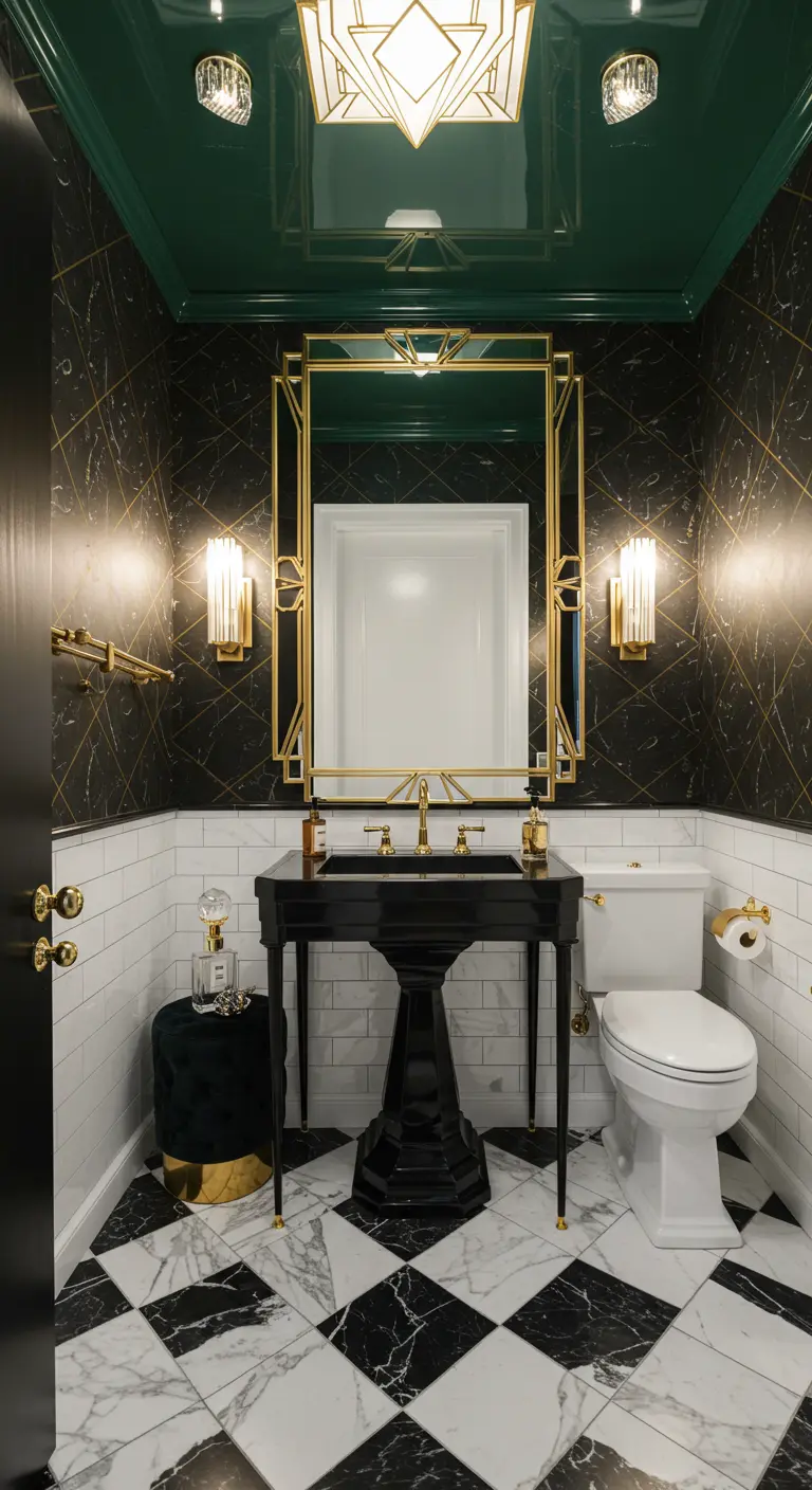 Art Deco badkamer met glanzend donkergroen plafond en gouden details.