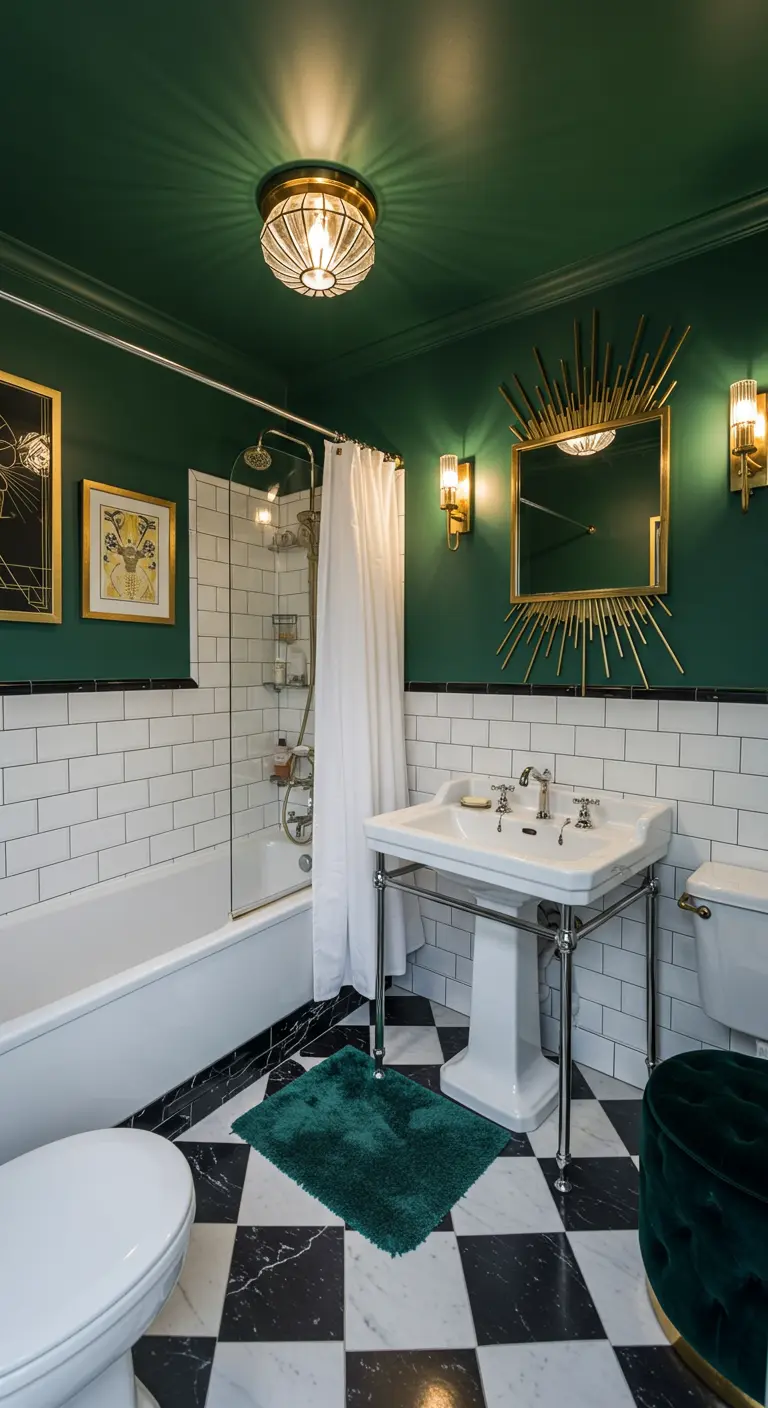 Donkergroene badkamer met gouden accenten, geblokte vloer en art deco spiegel.