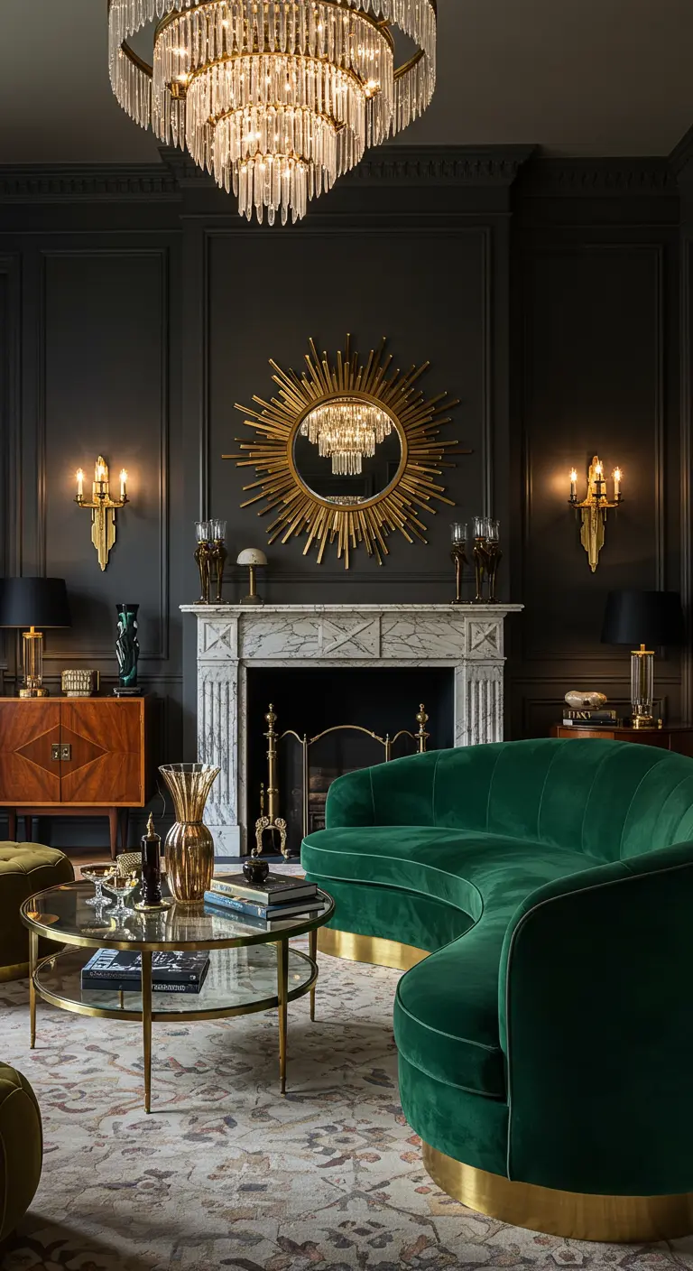 Luxe woonkamer met donkere muren, smaragdgroene bank, gouden spiegel en kroonluchter.